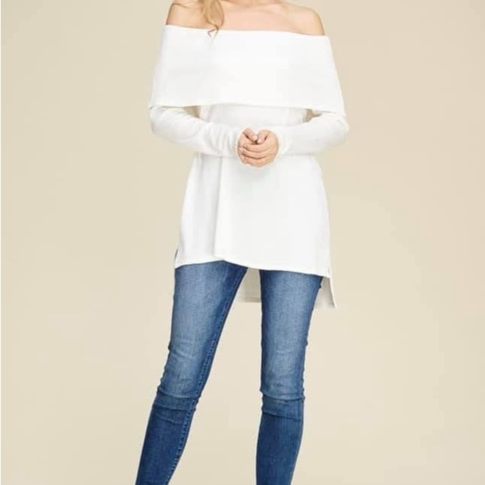 Off-Shoulder Cream High Low Long Sleeve Top